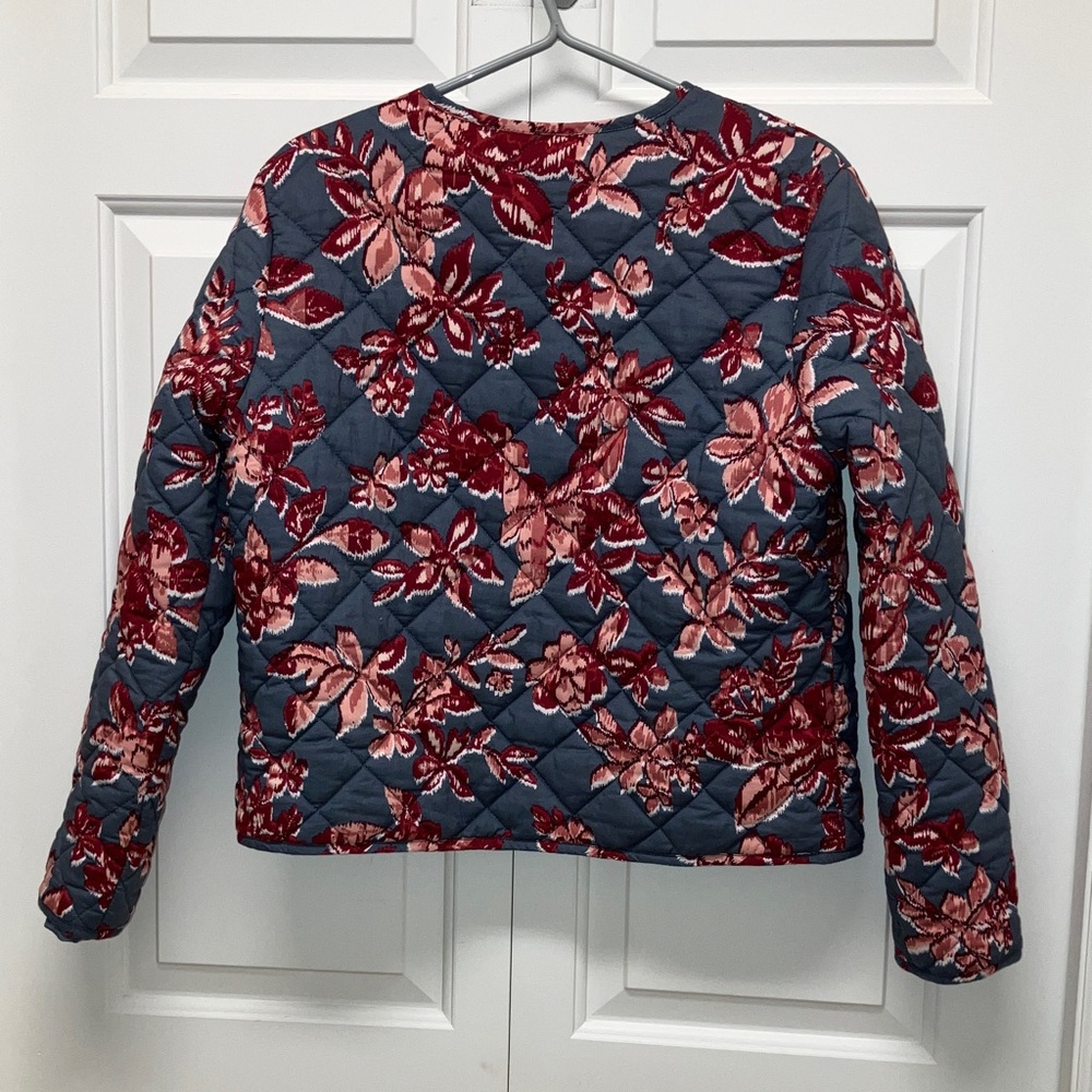 Rachel Zoe quilted collarless patch pocket jacket, floral, wine red & grey L - Picture 7 of 12